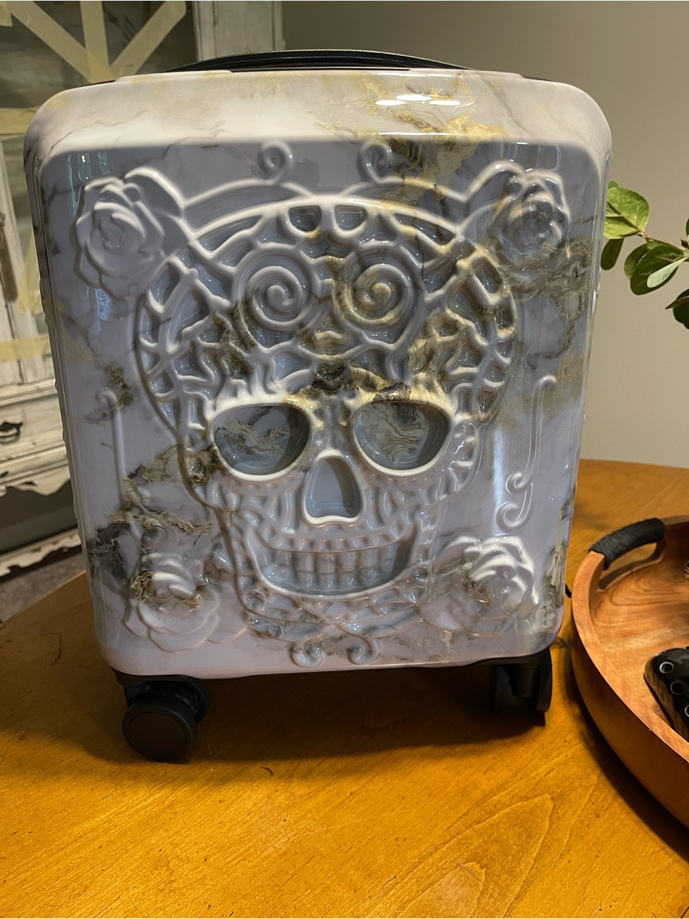 White Marble Sugar Skull Rolling Carry-On Luggage